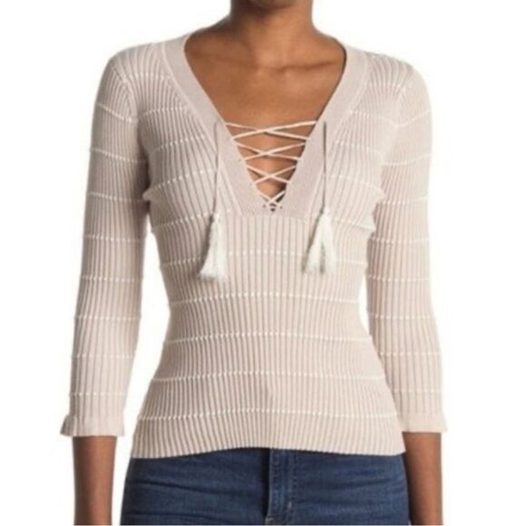 Heartloom Sweater Women XS Buff Beige Lace Up Ribbed Knit Tassel Tie Boho Casual - Picture 6 of 7